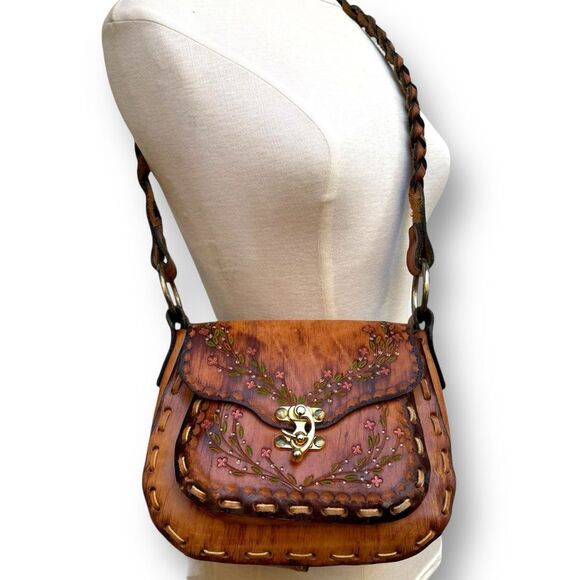 Hand Tooled Leather Boho Hippie Bag Painted Flower Purse Whipstitch - Picture 12 of 12